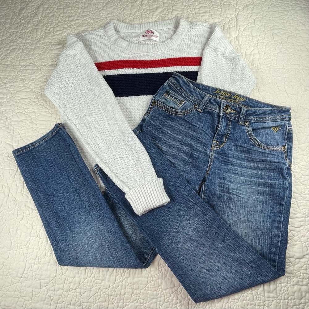 🔥Bundle Justice Sweater White Striped 14/16 & Mid Wash Jeans Size 10R Girl